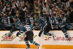 SAN JOSE, CA - MAY 08:  Members of the San Jose Sharks celebrate after defeating the Detroit Red Wings in Game Five of the Western Conference Semifinals during the 2010 NHL Stanley Cup Playoffs at HP Pavilion on May 8, 2010 in San Jose, California.  (Photo by Jed Jacobsohn/Getty Images)