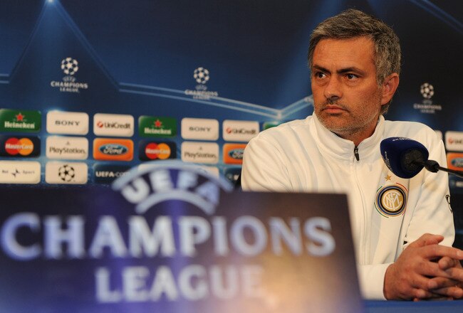 VARESE, ITALY - APRIL 19:  FC Internazionale head coach Jose Mourinho appears during a press conference ahead of their UEFA champions league semi-final, leg 1 match against Barcelona on April 19, 2010 in Appiano Gentile near Varese, Italy.  (Photo by Valerio Pennicino/Getty Images)