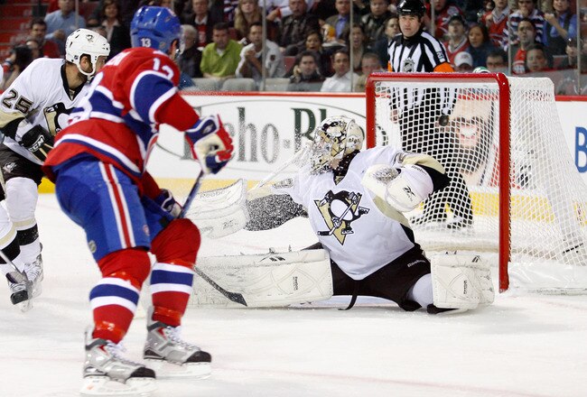 MONTREAL- MAY 10:  Mike Cammalleri #13 of the Montreal Canadiens scores a goal on Marc-Andre Fleury #29 of the Pittsburgh Penguins in Game Six of the Eastern Conference Semifinals during the 2010 NHL Stanley Cup Playoffs at the Bell Centre on May 10, 2010 in Montreal, Quebec, Canada.  (Photo by Richard Wolowicz/Getty Images)