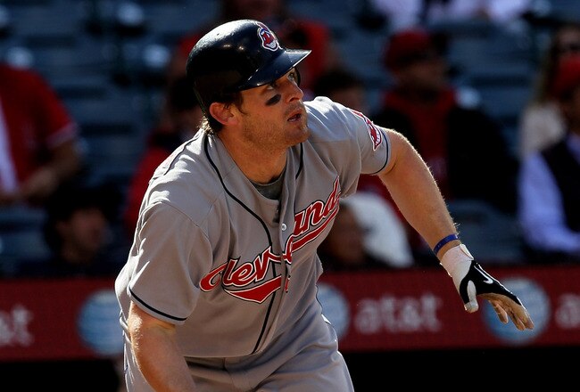 ANAHEIM, CA - APRIL 28:  Austin Kearns #26 of the Cleveland Indians hits a double in the second inning against the Los Angeles Angels of Anaheim on April 28, 2010 at Angel Stadium in Anaheim, California.   (Photo by Stephen Dunn/Getty Images)