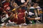 BOSTON - MAY 07:  LeBron James #23 loses his balance during action against  the Boston Celtics during Game Three of the Eastern Conference Semifinals of the 2010 NBA Playoffs at TD Banknorth Garden on May 7, 2010 in Boston, Massachusetts. NOTE TO USER: User expressly acknowledges and agrees that, by downloading and or using this photograph, User is consenting to the terms and conditions of the Getty Images License Agreement. (Photo by Jim Rogash/Getty Images)