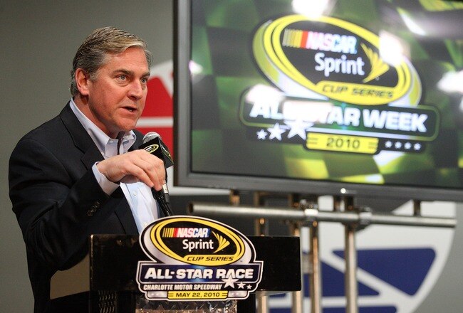 CHARLOTTE, NC - MARCH 17:  John Roberts of the SPEED channel announces details for the 2010 NASCAR All-Star Race and Pit Crew Challenge at Charlotte Motor Speedway on March 17, 2010 in Charlotte, North Carolina.  (Photo by Brian A. Westerholt/Getty Images)