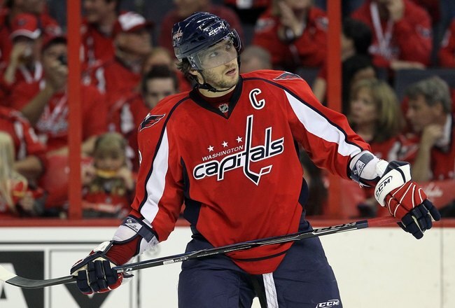 WASHINGTON DC, DC - APRIL 23:  Alex Ovechkin #8 of the Washington Capitals looks on against the Montreal Canadiens in Game Five of the Eastern Conference Quarterfinals during the 2010 NHL Stanley Cup Playoffs at the Verizon Center on April 23, 2010 in Washington, DC.  (Photo by Jim McIsaac/Getty Images)