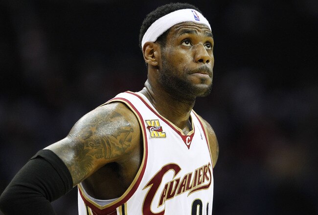 CLEVELAND - MAY 11:  LeBron James #23 of the Cleveland Cavaliers looks on while playing the Boston Celtics in Game Five of the Eastern Conference Semifinals during the 2010 NBA Playoffs at Quicken Loans Arena on May 11, 2010 in Cleveland, Ohio. Boston won the game 120-88 to take a 3-2 series lead. NOTE TO USER: User expressly acknowledges and agrees that, by downloading and or using this photograph, User is consenting to the terms and conditions of the Getty Images License Agreement.  (Photo by Gregory Shamus/Getty Images)