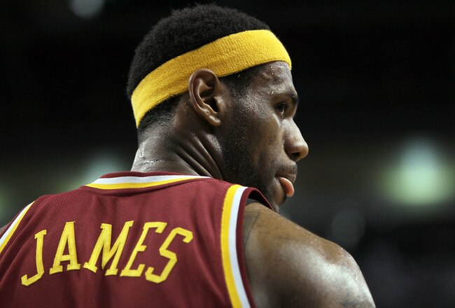 BOSTON - MAY 07:  LeBron James #23 takes a breather against the Boston Celtics in Game Three of the Eastern Conference Semifinals of the 2010 NBA Playoffs at TD Banknorth Garden on May 7, 2010 in Boston, Massachusetts. NOTE TO USER: User expressly acknowledges and agrees that, by downloading and or using this photograph, User is consenting to the terms and conditions of the Getty Images License Agreement. (Photo by Jim Rogash/Getty Images)