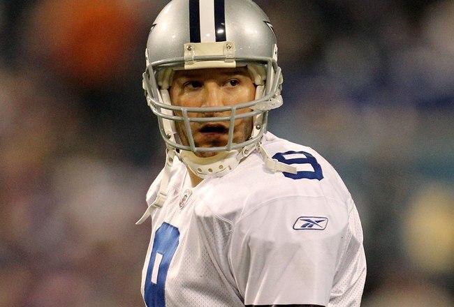 MINNEAPOLIS - JANUARY 17:  Tony Romo #9 of the Dallas Cowboys looks on during the game against the Minnesota Vikings during the NFC Divisional Playoff Game at Hubert H. Humphrey Metrodome on January 17, 2010 in Minneapolis, Minnesota. The Vikings defeated the Cowboys 34-3.  (Photo by Chris McGrath/Getty Images)
