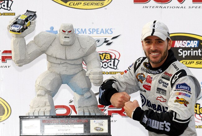 DOVER, DE - MAY 31:  Jimmie Johnson, driver of the #48 Lowe's Chevrolet, poses in victory lane after winning the NASCAR Sprint Cup Series Autism Speaks 400 at Dover International Speedway on May 31, 2009 in Dover, Delaware.  (Photo by Jason Smith/Getty Images for NASCAR)