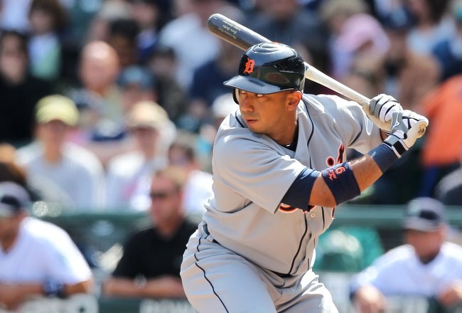 SEATTLE - APRIL 18:  Carlos Guillen #9 of the Detroit Tigers bats against the Seattle Mariners at Safeco Field on April 18, 2010 in Seattle, Washington. (Photo by Otto Greule Jr/Getty Images)