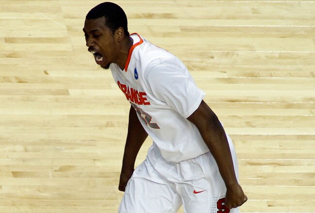 BUFFALO, NY - MARCH 19:  Kris Joseph #32 of the Syracuse Orange reacts after dunking against the Vermont Catamounts during the first round of the 2010 NCAA men's basketball tournament at HSBC Arena on March 19, 2010 in Buffalo, New York.  (Photo by Michael Heiman/Getty Images)