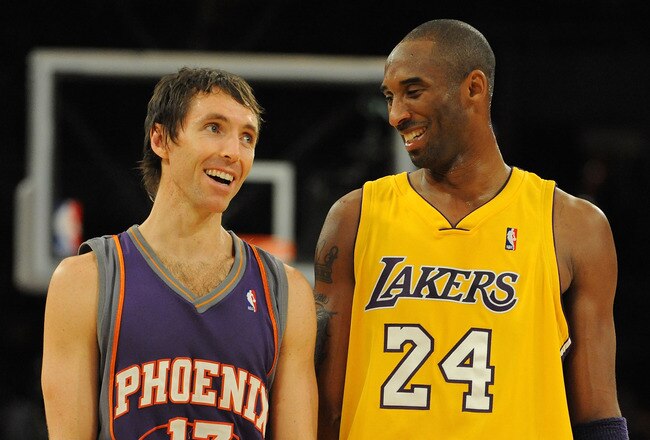 LOS ANGELES, CA - DECEMBER 10:  Steve Nash #13 of the Phoenix Suns laughs with Kobe Bryant #24 of the Los Angeles Lakers during the second half at the Staples Center on December, 10 2008 in Los Angeles, California.   NOTE TO USER: User expressly acknowledges and agrees that, by downloading and/or using this Photograph, user is consenting to the terms and conditions of the Getty Images License Agreement.  (Photo by Harry How/Getty Images)