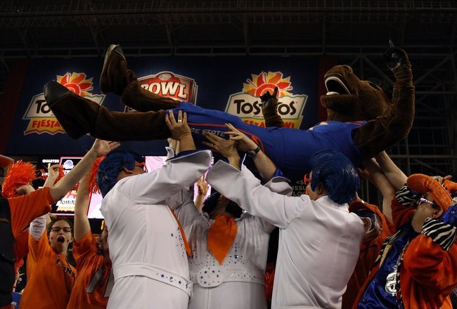 GLENDALE, AZ - JANUARY 04:  The Boise State Broncos mascot is picked up by some Broncos fans in the first half against the TCU Horned Frogs during the Tostitos Fiesta Bowl at the Universtity of Phoenix Stadium on January 4, 2010 in Glendale, Arizona.  (Photo by Jed Jacobsohn/Getty Images)