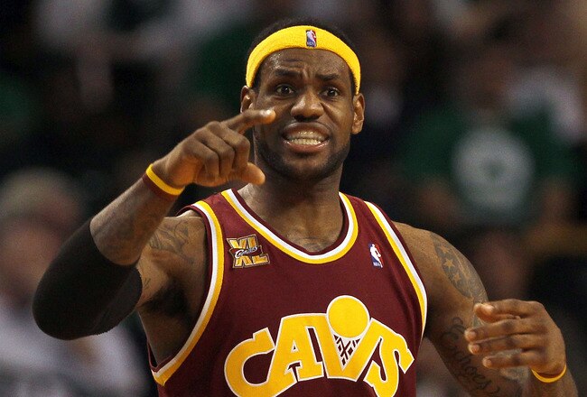 BOSTON - MAY 07:  LeBron James #23 of the Cleveland Cavaliers reacts during action against  the Boston Celtics in Game Three of the Eastern Conference Semifinals of the 2010 NBA Playoffs at TD Banknorth Garden on May 7, 2010 in Boston, Massachusetts. NOTE TO USER: User expressly acknowledges and agrees that, by downloading and or using this photograph, User is consenting to the terms and conditions of the Getty Images License Agreement. (Photo by Jim Rogash/Getty Images)