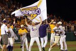 OMAHA, NE - JUNE 24:  The Louisiana State University Tigers celebrate the win over Texas Longhorns during Game 3 of the 2009 NCAA College World Series at Rosenblatt Stadium on June 24, 2009 in Omaha, Nebraska. The Tigers defeated the Longhorns 11-4 to win the national title.  (Photo by Elsa/Getty Images)