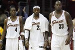 CLEVELAND - APRIL 17:  LeBron James #23, Antawn Jamison #4 and Shaquille O'Neal #33 of the Cleveland Cavaliers leave the bench after defeating the  Chicago Bulls 96-83 in Game One of the Eastern Conference Quarterfinals during the 2010 NBA Playoffs at Quicken Loans Arena on April 17, 2010 in Cleveland, Ohio.  NOTE TO USER: User expressly acknowledges and agrees that, by downloading and or using this photograph, User is consenting to the terms and conditions of the Getty Images License Agreement.  (Photo by Gregory Shamus/Getty Images)