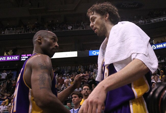 SALT LAKE CITY - MAY 10:  Pau Gasol #16 and Kobe Bryant #24 of the Los Angeles Lakers celebrate against of the Utah Jazz during Game Four of the Western Conference Semifinals of the 2010 NBA Playoffs on May 10, 2010 at Energy Solutions Arena in Salt Lake City, Utah. NOTE TO USER: User expressly acknowledges and agrees that, by downloading and or using this Photograph, user is consenting to the terms and conditions of the Getty Images License Agreement.  (Photo by Jed Jacobsohn/Getty Images)