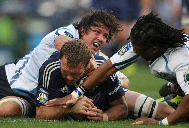 CAPE TOWN, SOUTH AFRICA - MAY 15:  Stormers lock Andries Bekker goes over for a try line during the Super 14 match between Vodacom Stormers and Vodacom Bulls at Newlands Stadium on May 15, 2010 in Cape Town, South Africa.  (Photo by Luke Walker/Gallo Images/Getty Images)