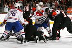 PHILADELPHIA - FEBRUARY 12: The Philadelphia Flyers and the Montreal Canadiens exchange blows after the game had ended on February 12, 2010 at the Wachovia Center in Philadelphia, Pennsylvania. Flyers defeated the Canadiens 3-2. (Photo by Mike Stobe/Getty Images)