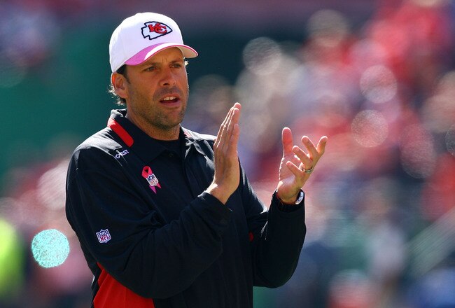 KANSAS CITY, MO - OCTOBER 04:  Head coach Todd Haley of the Kansas City Chiefs watches during pregame warm-ups just prior to the start of the game against  the New York Giants on October 4, 2009 at Arrowhead Stadium in Kansas City, Missouri.  (Photo by Jamie Squire/Getty Images)