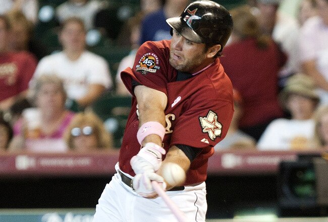 HOUSTON - MAY 09:  Lance Berkman #17 of the Houston Astros doubles to left field in the first inning against the San Diego Padres at Minute Maid Park on May 9, 2010 in Houston, Texas.  (Photo by Bob Levey/Getty Images)