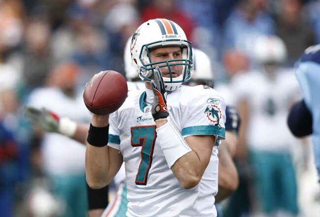 NASHVILLE, TN - DECEMBER 20: Chad Henne #7 of the Miami Dolphins looks to pass the football against the Tennessee Titans at LP Field on December 20, 2009 in Nashville, Tennessee. The Titans defeated the Dolphins 27-24 in overtime. (Photo by Joe Robbins/Getty Images)