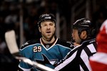 SAN JOSE, CA - APRIL 29:  Ryane Clowe #29 of the San Jose Sharks has words with Justin Abdelkader #8 of the Detroit Red Wings in Game One of the Western Conference Semifinals during the 2010 NHL Stanley Cup Playoffs at HP Pavilion on April 29, 2010 in San Jose, California.  (Photo by Ezra Shaw/Getty Images)