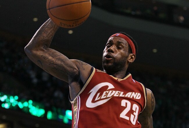 BOSTON - MAY 13:  LeBron James #23 of the Cleveland Cavaliers dunks the ball in the fourth quarter against the Boston Celtics during Game Six of the Eastern Conference Semifinals of the 2010 NBA playoffs at TD Garden on May 13, 2010 in Boston, Massachusetts. The Celtics defeated the Cavaliers 94-85.  NOTE TO USER: User Expressly Acknowledges and agrees that, by downloading and or using this photograph, User is consenting to the terms and conditions of the Getty Images License Agreement.  (Photo by Elsa/Getty Images)