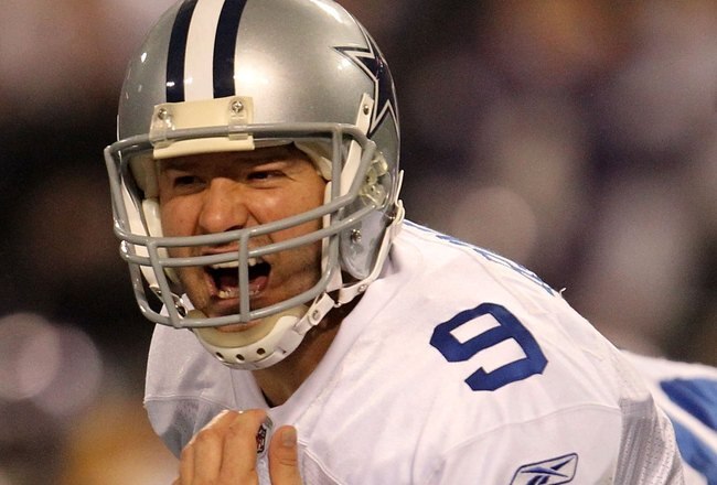 MINNEAPOLIS - JANUARY 17:  Tony Romo #9 of the Dallas Cowboys yells to call a play during the game against the Minnesota Vikings during the NFC Divisional Playoff Game at Hubert H. Humphrey Metrodome on January 17, 2010 in Minneapolis, Minnesota. The Vikings defeated the Cowboys 34-3.  (Photo by Chris McGrath/Getty Images)