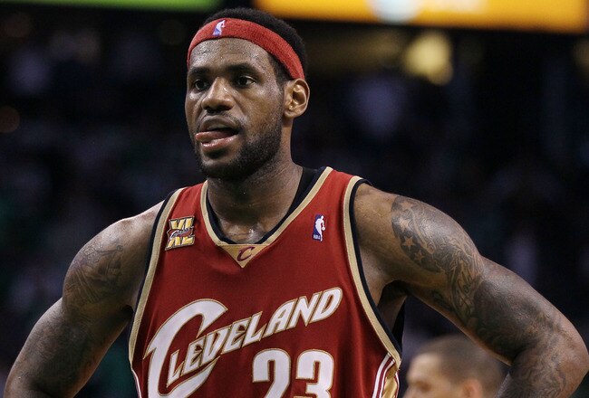 BOSTON - MAY 13:  LeBron James #23 of the Cleveland Cavaliers stands by in the fourth quarter against the Boston Celtics during Game Six of the Eastern Conference Semifinals of the 2010 NBA playoffs at TD Garden on May 13, 2010 in Boston, Massachusetts. The Celtics defeated the Cavaliers 94-85.  NOTE TO USER: User Expressly Acknowledges and agrees that, by downloading and or using this photograph, User is consenting to the terms and conditions of the Getty Images License Agreement.  (Photo by Elsa/Getty Images)