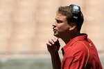 LOS ANGELES, CA - MAY 01:  Head coach Lane Kiffin gives instructions during the  USC Trojans spring game on  May 1, 2010 at the Los Angeles Memorial Coliseum in Los Angeles, California.  (Photo by Stephen Dunn/Getty Images)