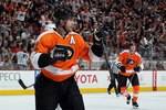 PHILADELPHIA - MARCH 07:  Simon Gagne #12 of the Philadelphia Flyers celebrates his second period goal against the Toronto Maple Leafs on March 7, 2010 at Wachovia Center in Philadelphia, Pennsylvania.  (Photo by Jim McIsaac/Getty Images)