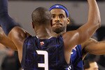 ARLINGTON, TX - FEBRUARY 14:  LeBron James #23 and Dwyane Wade #3 of the Eastern Conference celebrate their 141-139 victory over the Western Conference during the NBA All-Star Game, part of 2010 NBA All-Star Weekend at Cowboys Stadium on February 14, 2010 in Arlington, Texas. NOTE TO USER: User expressly acknowledges and agrees that, by downloading and or using this photograph, User is consenting to the terms and conditions of the Getty Images License Agreement.  (Photo by Ronald Martinez/Getty Images)