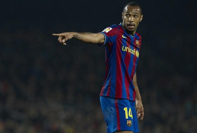 BARCELONA, SPAIN - MARCH 24:  Thierry Henry of FC Barcelona reacts during the La Liga match between Barcelona and Osasuna at the Camp Nou Stadium on March 24, 2010 in Barcelona, Spain. Barcelona won 2-0.  (Photo by Manuel Queimadelos Alonso/Getty Images)