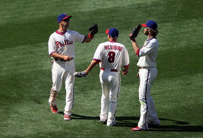 PHILADELPHIA - MAY 06:  (L-R) Raul Ibanez #29, Shane Victorino #8, and Jayson Werth #28 of the Philadelphia Phillies celebrate after defeating the St. Louis Cardinals at Citizens Bank Park on May 6, 2010 in Philadelphia, Pennsylvania. The Phillies defeated the Cardinals 7-2.  (Photo by Jim McIsaac/Getty Images)