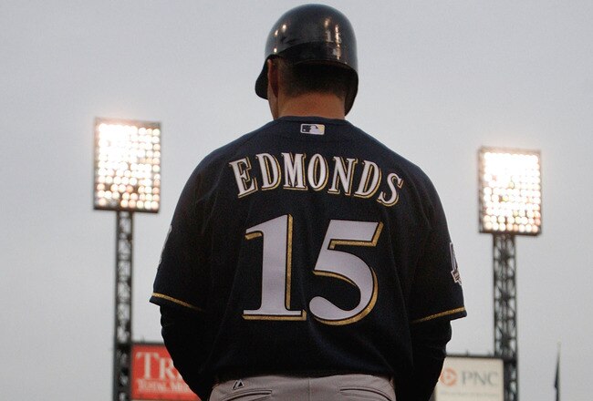 PITTSBURGH - APRIL 20:  Jim Edmonds #15 of the Milwaukee Brewers stands in the on deck circle during the game against the Pittsburgh Pirates on April 20, 2010 at PNC Park in Pittsburgh, Pennsylvania.  (Photo by Jared Wickerham/Getty Images)