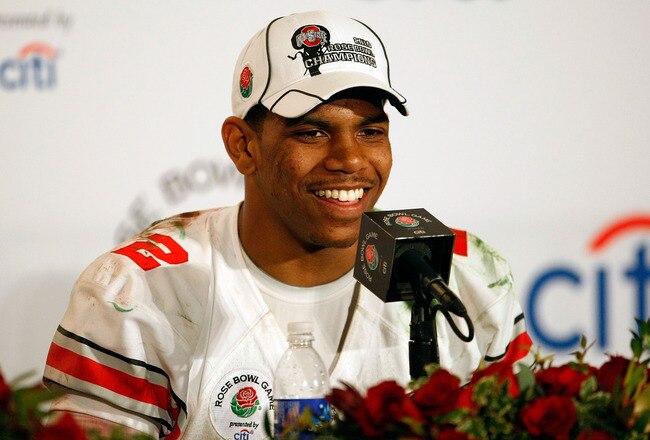 PASADENA, CA - JANUARY 01:  Quarterback Terrelle Pryor #2 of the Ohio State Buckeyes speaks during the post-game news conference after the buckeyes 26-17 win in the 96th Rose Bowl game over the Oregon Ducks on January 1, 2010 in Pasadena, California.  (Photo by Jeff Gross/Getty Images)