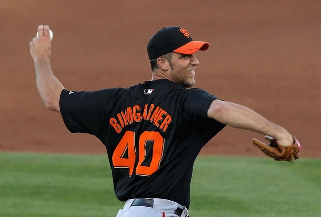 SURPRISE, AZ - MARCH 15:  Starting pitcher Madison Bumgarner #40 of the San Francisco Giants pitches against the Texas Rangers during the MLB spring training game at Surprise Stadium on March 15, 2010 in Surprise, Arizona.  The Giants defeated the Rangers 8-5.  (Photo by Christian Petersen/Getty Images)