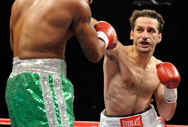 LAS VEGAS - APRIL 03:  Sergio Mora (R) throws a right at Calvin Green during the first round of their middleweight bout at the Mandalay Bay Events Center April 3, 2010 in Las Vegas, Nevada. Mora won by TKO in the seventh round.  (Photo by Ethan Miller/Getty Images)