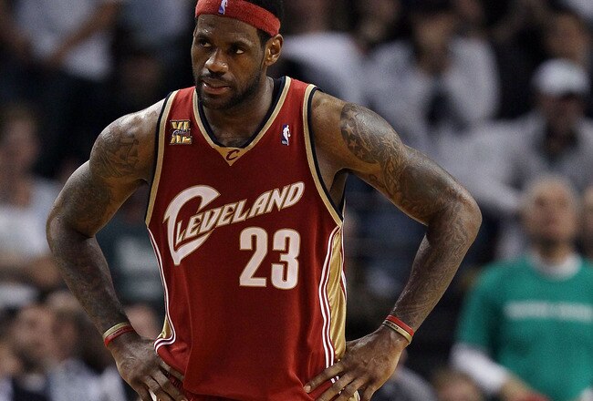 BOSTON - MAY 13:  LeBron James #23  of the Cleveland Cavaliers reacts late in the fourth quarter against the Boston Celtics during Game Six of the Eastern Conference Semifinals of the 2010 NBA playoffs at TD Garden on May 13, 2010 in Boston, Massachusetts. The Celtics defeated the Cavaliers 94-85.  NOTE TO USER: User Expressly Acknowledges and agrees that, by downloading and or using this photograph, User is consenting to the terms and conditions of the Getty Images License Agreement.  (Photo by Elsa/Getty Images)