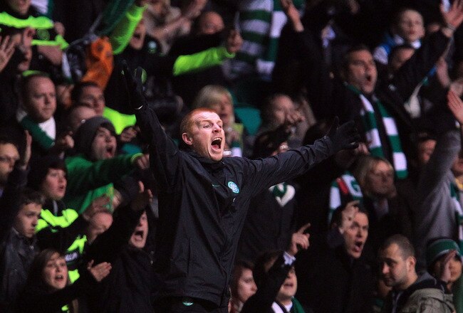 GLASGOW, UNITED KINGDOM - MAY 04:  Neil Lennon, the manager of Celtic, reacts on the touchline during Celtic's victory in the Clydesdale Bank Scottish Premier League match between Celtic and Rangers at Celtic Park, on May 4, 2010 in Glasgow, Scotland.  (Photo by David Cannon/Getty Images)