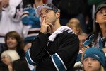 SAN JOSE, CA - MAY 16:  A San Jose Sharks fan reacts late in the third period before the Sharks lost to the Chicago Blackhawks 2-1 in Game One of the Western Conference Finals during the 2010 NHL Stanley Cup Playoffs at HP Pavilion on May 16, 2010 in San Jose, California.  (Photo by Ezra Shaw/Getty Images)