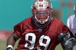 SANTA CLARA, CA - MAY 5:  Rookie linebacker Manny Lawson #99 of the San Francisco 49ers practices with the team as the Niners begin their mini-camp on May 5, 2006 in Santa Clara, California.  (Photo by David Paul Morris/Getty Images)