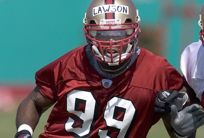 SANTA CLARA, CA - MAY 5:  Rookie linebacker Manny Lawson #99 of the San Francisco 49ers practices with the team as the Niners begin their mini-camp on May 5, 2006 in Santa Clara, California.  (Photo by David Paul Morris/Getty Images)