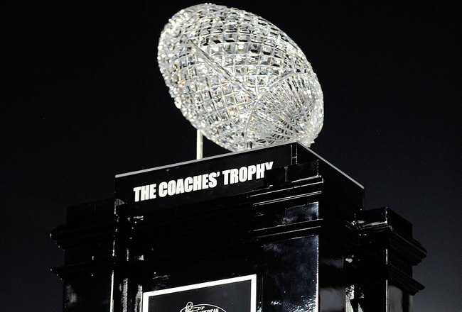 PASADENA, CA - JANUARY 07:  The BCS National Championship trophy which was won by the Alabama Crimson Tide after winning the Citi BCS National Championship game over the Texas Longhorns at the Rose Bowl on January 7, 2010 in Pasadena, California. The Crimson Tide defeated the Longhorns 37-21.  (Photo by Kevork Djansezian/Getty Images)