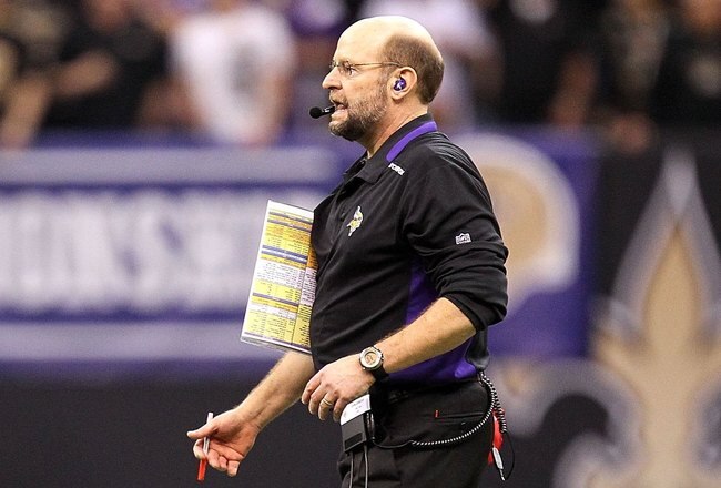 NEW ORLEANS - JANUARY 24:  Head coach Brad Childress of the Minnesota Vikings coaches the New Orleans Saints during the NFC Championship Game at the Louisiana Superdome on January 24, 2010 in New Orleans, Louisiana.  (Photo by Ronald Martinez/Getty Images)