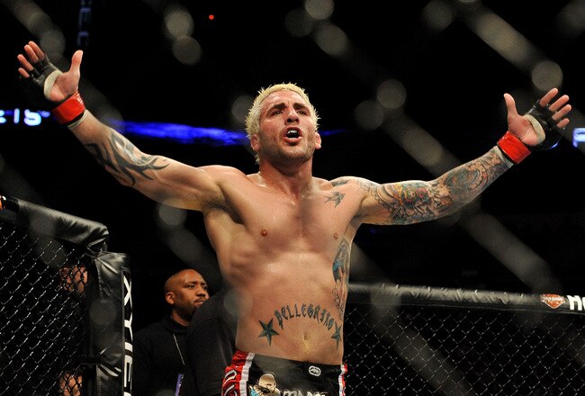 NEWARK, NJ - MARCH 27:  UFC fighter Kurt Pellegrino celebrates his win over Fabricio Camoes (not pictured) during their Lightweight 'Swing' bout at UFC 111 at the Prudential Center on March 27, 2010 in Newark, New Jersey. Pellegrino won by Submission (Rear-Naked Choke) at 4:20 in the 2nd round.  (Photo by Jon Kopaloff/Getty Images)