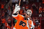 PHILADELPHIA - MAY 18:  Michael Leighton #49 of the Philadelphia Flyers reacts after defeating the Montreal Canadiens by a score of 3-0 to win Game 2 of the Eastern Conference Finals during the 2010 NHL Stanley Cup Playoffs at Wachovia Center on May 18, 2010 in Philadelphia, Pennsylvania.  (Photo by Jim McIsaac/Getty Images)