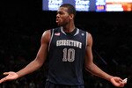 NEW YORK - MARCH 13: Greg Monroe #10 of the Georgetown Hoyas reacts after a play against the West Virginia Mountaineers during the championship of the 2010 NCAA Big East Tournament at Madison Square Garden on March 13, 2010 in New York City.  (Photo by Jim McIsaac/Getty Images)