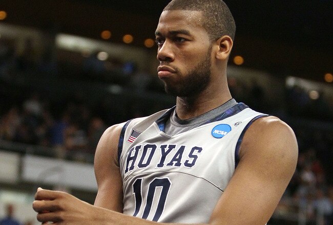 PROVIDENCE, RI - MARCH 18:  Greg Monroe #10 of the Georgetown Hoyas celebrates his basket in the first half against the Ohio Bobcats during the first round of the 2010 NCAA men's basketball tournament on March 18, 2010 at the Dunkin Donuts Arena in Providence, Rhode Island.  (Photo by Elsa/Getty Images)