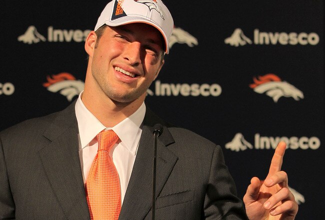ENGLEWOOD, CO - APRIL 23:  Tim Tebow is introduced by the Denver Broncos at a press conference at the Broncos Headquarters in Dove Valley on April 23, 2010 in Englewood, Colorado. The Broncos picked Tebow in the first round of the 2010 NFL draft.  (Photo by Doug Pensinger/Getty Images)