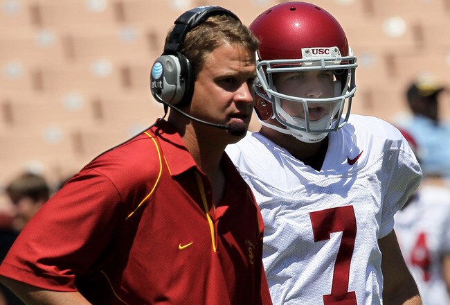 LOS ANGELES, CA - MAY 01:  Head coach Lane Kiffin talks with quarterback Matt Barkley #7 during the  USC Trojans spring game on  May 1, 2010 at the Los Angeles Memorial Coliseum in Los Angeles, California.  (Photo by Stephen Dunn/Getty Images)